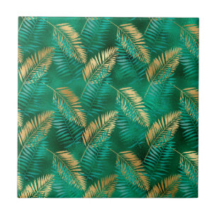 Emerald Grönt Handflatan Löv Bright Golden Jungle Kakelplatta