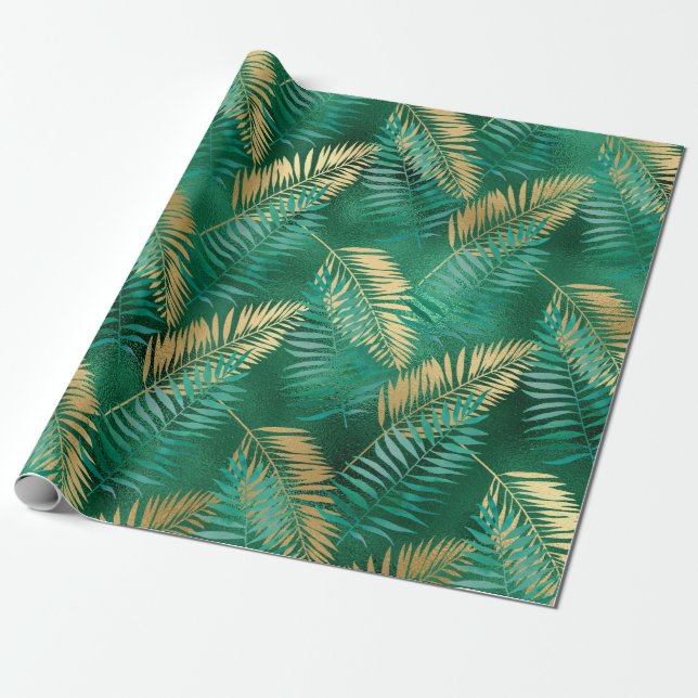 Emerald Grönt Handflatan Löv Bright Golden Jungle Presentpapper (Utrullad)