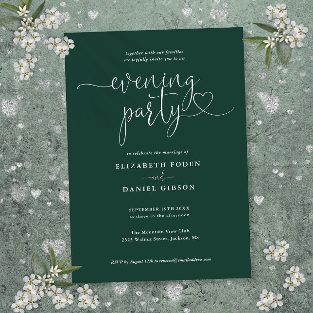 Emerald Grönt Heart-skript Bröllop Evening Party Inbjudningar (Emerald Green Heart Script Wedding Evening Party Invitation)