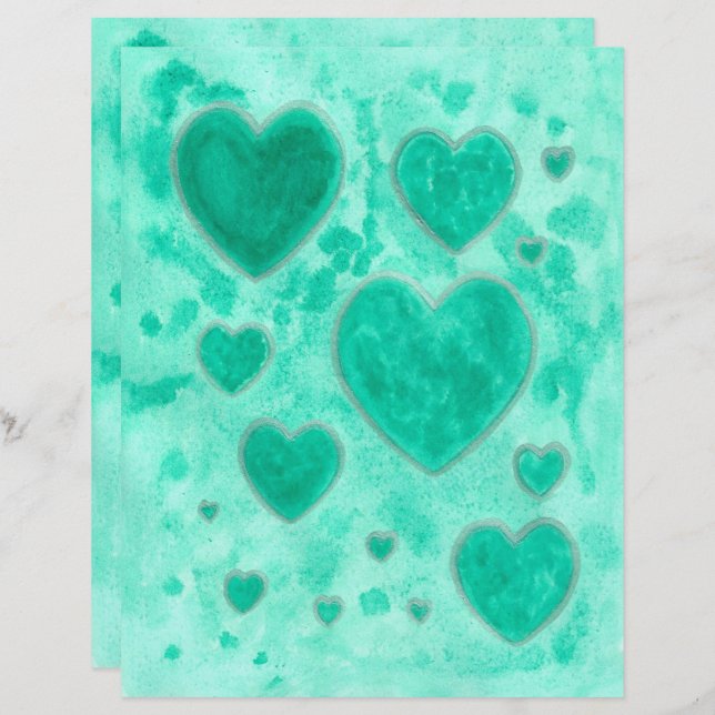 Emerald Grönt Hearts Watercolor Scrapbook Papper (Fram/baksida)