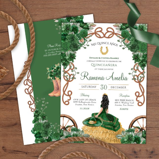 Emerald Grönt Land Western Charro Quinceañera Inbjudningar (Skapare uppladdad)