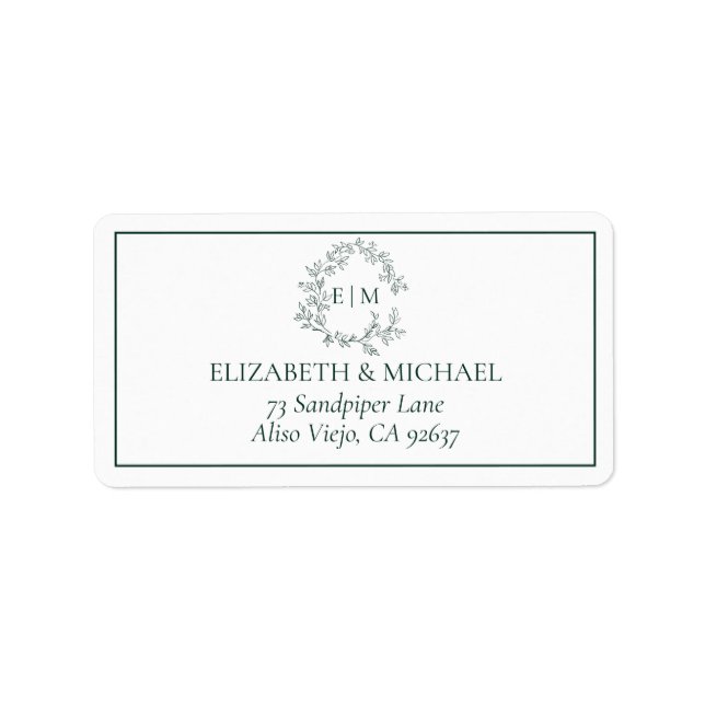 Emerald Grönt Leafy Vapensköld Monogram Bröllop Ad Adressetikett (Framsidan)