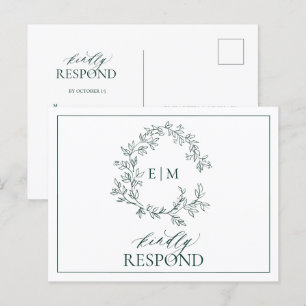Emerald Grönt Leafy Vapensköld Monogram Bröllop OS Inbjudan Vykort