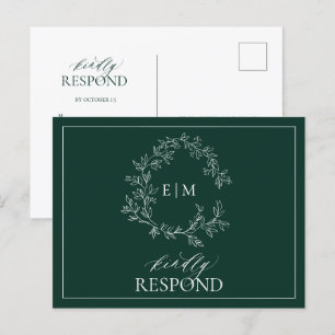 Emerald Grönt Leafy Vapensköld Monogram Bröllop OS Inbjudan Vykort