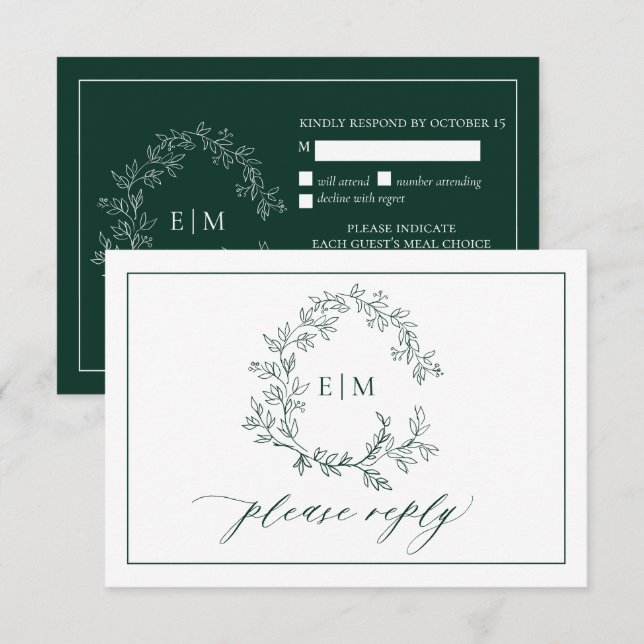 Emerald Grönt Leafy Vapensköld Monogram Bröllop OS OSA Kort (Fram/baksida)