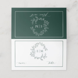 Emerald Grönt Leafy Vapensköld Monogram Bröllop Placeringskort