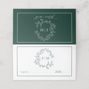 Emerald Grönt Leafy Vapensköld Monogram Bröllop Placeringskort
