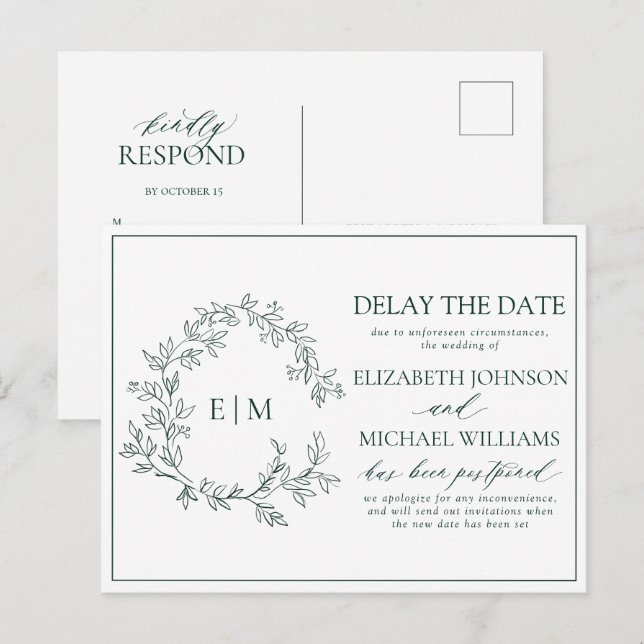 Emerald Grönt Leafy Vapensköld Monogram senarelägg Inbjudan Vykort (Fram/baksida)