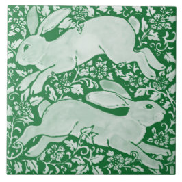 Emerald Grönt Leaping Rabbits Chinoiserie Blommigt Kakelplatta