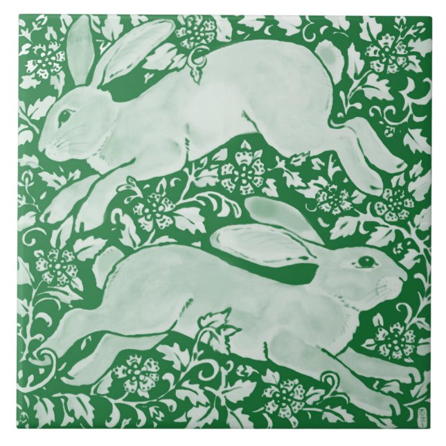 Emerald Grönt Leaping Rabbits Chinoiserie Blommigt Kakelplatta (Framsidan)
