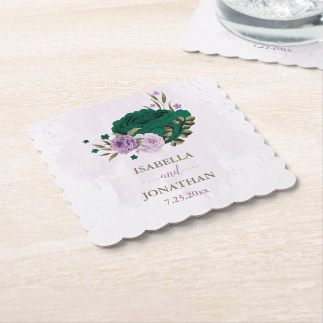 emerald grönt lila blommor bröllop underlägg papper (Vinklad)