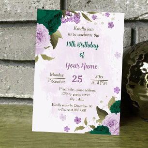 emerald grönt lila blommor födelsedag inbjudningar