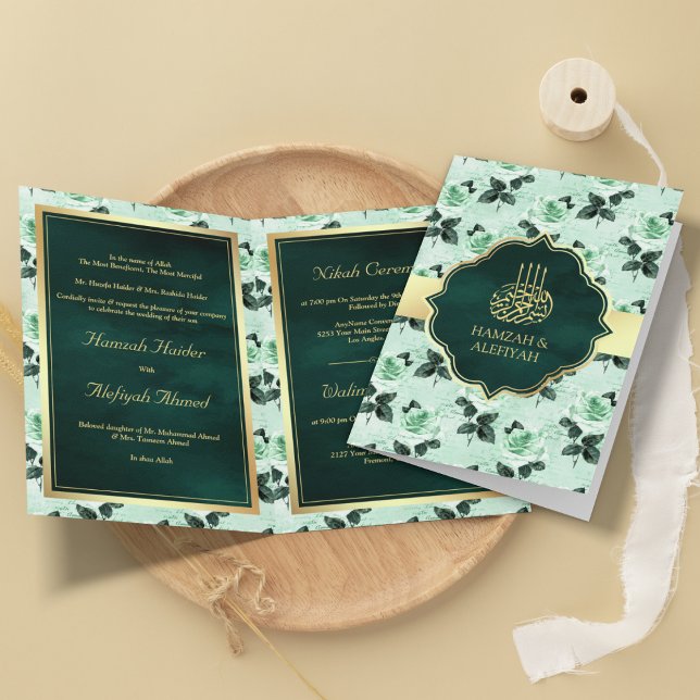 Emerald Grönt Löv och Mint Ro Muslim Bröllop Inbjudan (Skapare uppladdad)