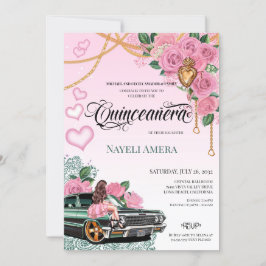 Emerald Grönt Lowrider Rosa ros Chola Quinceanera Inbjudningar