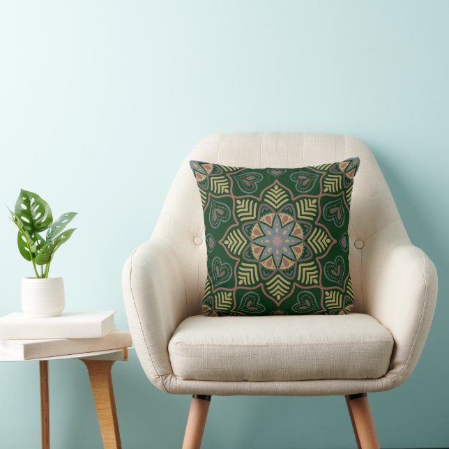 Emerald Grönt Mandala Flower Bohemian Mönster Kudde (Stol)