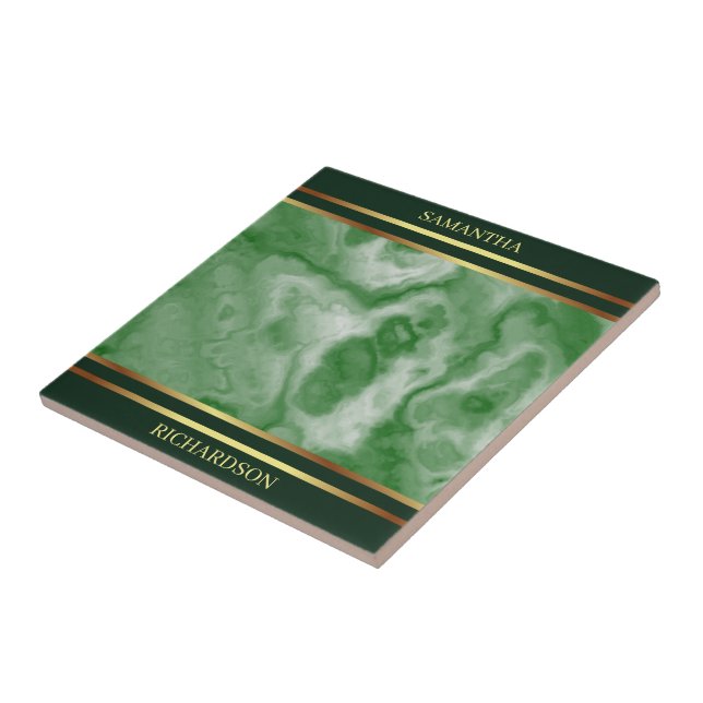 Emerald Grönt Marble och Guld Rand Namn Kakelplatta (Sidan)