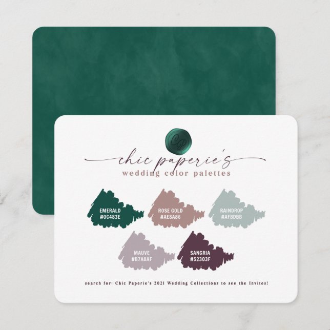 Emerald Grönt & Mauve Bröllop Färg Palette Card (Fram/baksida)