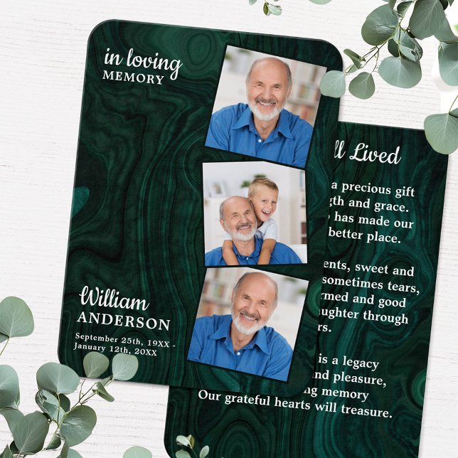 Emerald Grönt Memorial 3 Photo Funeral Prayer Card Visitkort (Skapare uppladdad)