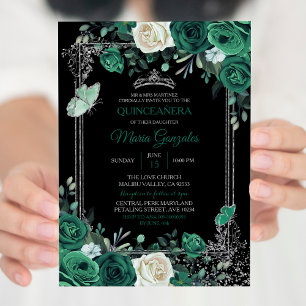 Emerald Grönt Mexican Charra Quinceanera Black Inbjudningar