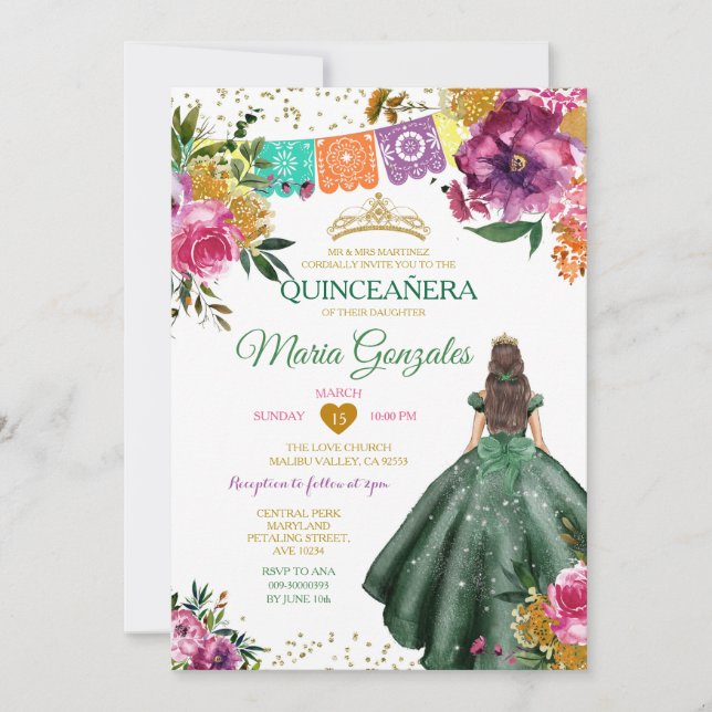 Emerald Grönt Mexican Quinceañera 16th Butterfly Inbjudningar (Framsida)