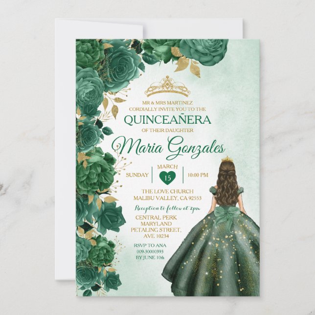 Emerald Grönt Mexican Quinceañera 16th Butterfly Inbjudningar (Framsida)