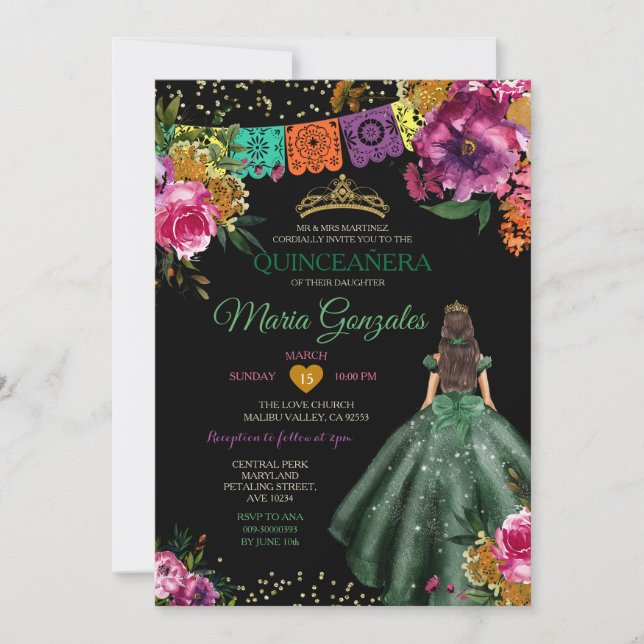 Emerald Grönt Mexican Quinceañera 16th Butterfly Inbjudningar (Framsida)