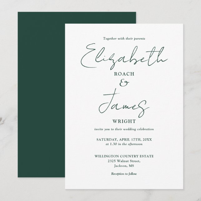 Emerald Grönt Minimalist Elegant Script Bröllop Inbjudningar (Fram/baksida)