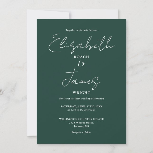 Emerald Grönt Minimalist Elegant Script Bröllop Inbjudningar (Framsida)