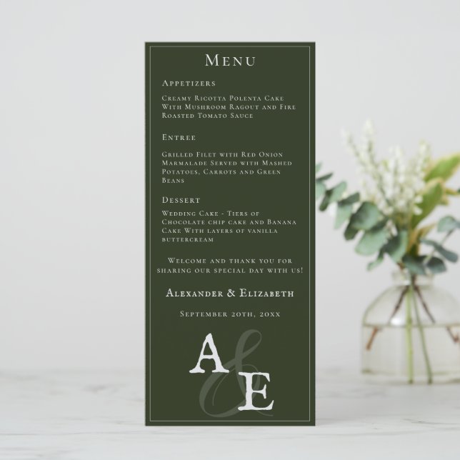 Emerald Grönt Minimalist Monogram Bröllop Meny (Stående Fram)