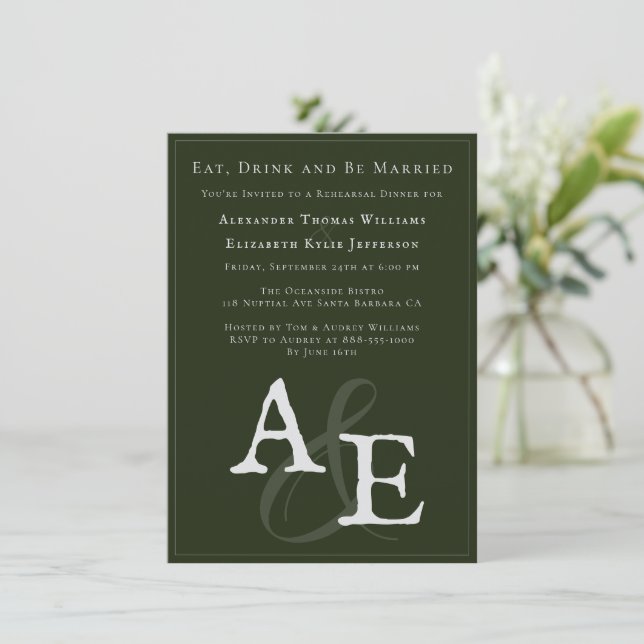 Emerald Grönt Minimalist Monogram Inbjudningar (Stående Fram)