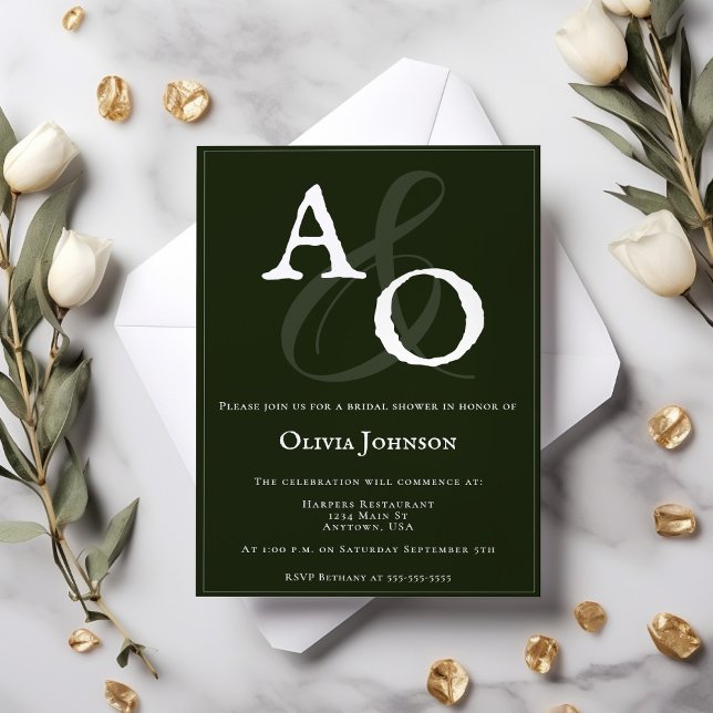 Emerald Grönt Minimalist Monogram-Möhippa Inbjudningar (Emerald Green Minimalist Monogram Bridal Shower Invitation)