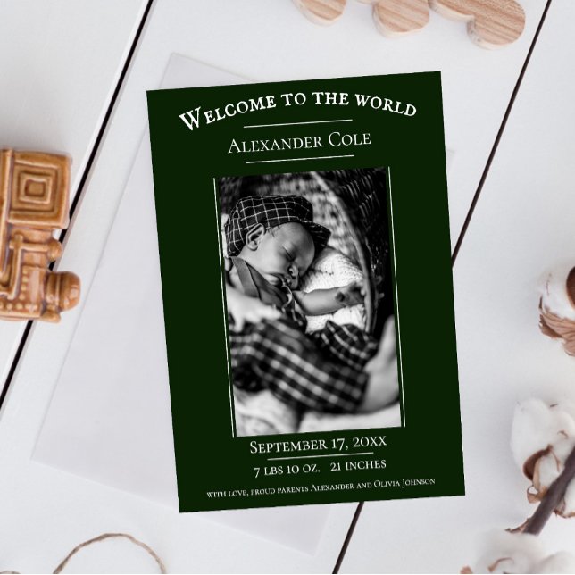 Emerald Grönt Minimalist Photo Birth-meddelande Meddelande (Emerald Green Minimalist Photo Birth Announcement)