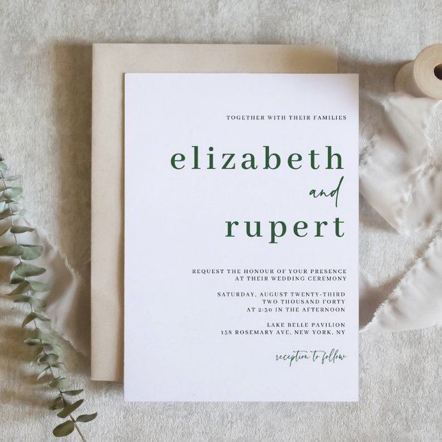 Emerald Grönt Minimalist Serif Typography Bröllop Inbjudningar (Emerald Green Minimalist Serif Typography Wedding Invitation)