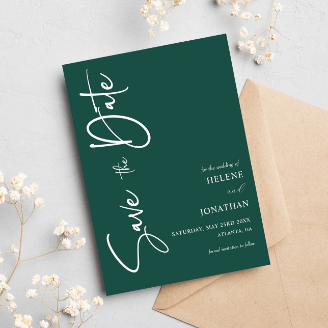 Emerald Grönt Minimum Calligraphy Bröllop Spara Datumet (Emerald Green Minimal Calligraphy Wedding Save The Date)