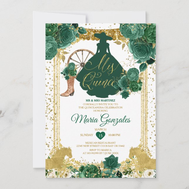 Emerald Grönt Mis Quince 15 Anos Guld Glitter Inbjudningar (Framsida)