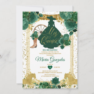 Emerald Grönt Mis Quince 15 Anos Guld Glitter Inbjudningar