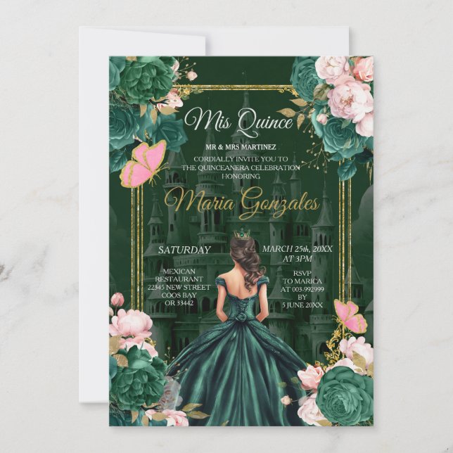Emerald Grönt Mis Quince Blommigt Quinceañera Inbjudningar (Framsida)