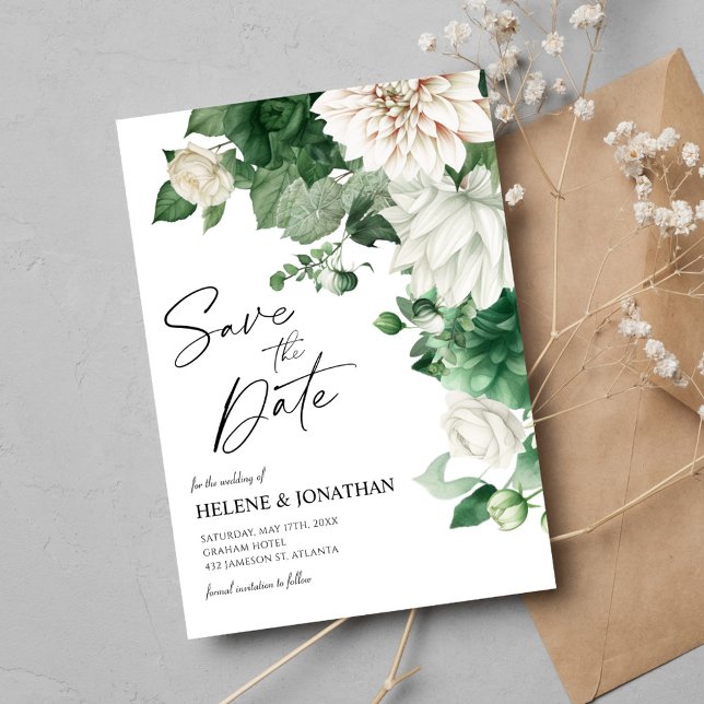 Emerald Grönt Modern Blommigt Elegant bröllop Spara Datumet (Emerald Green Modern Floral Elegant Wedding Save The Date)