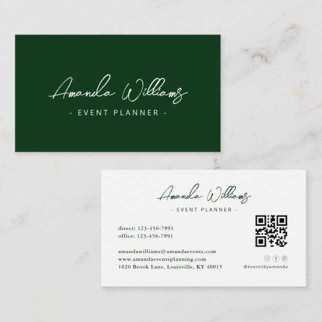 Emerald Grönt Modern Elegant Minimalist QR-kod Visitkort (Fram/baksida)