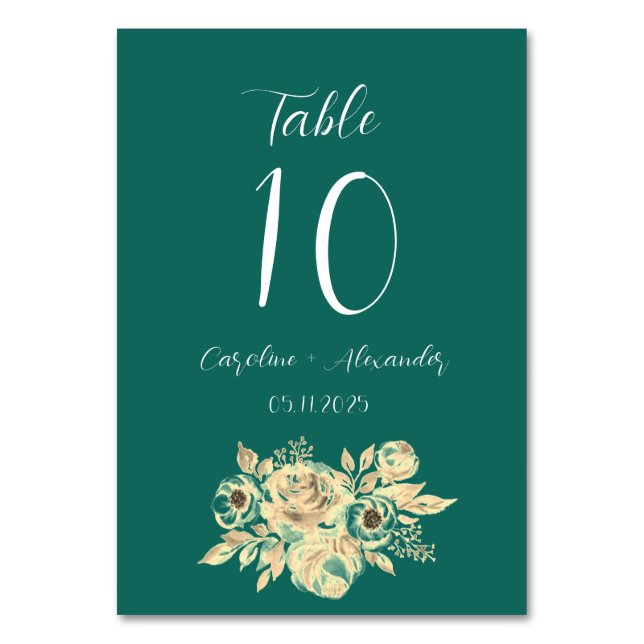 Emerald Grönt Modern Elegant Unik Blommigt Bröllop Bordsnummer (Framsidan)