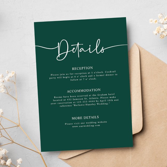 Emerald Grönt Modern Minimal Calligraphy Bröllop Tilläggskort (Emerald Green Modern Minimal Calligraphy Wedding Enclosure Card)