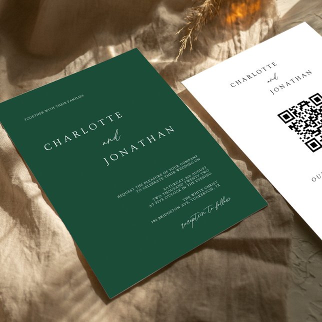 Emerald Grönt Modern Minimal QR-kod Bröllop Inbjudningar (Skapare uppladdad)