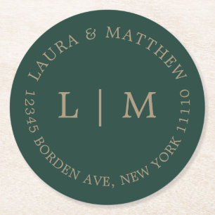 Emerald Grönt Monogram Bröllop Underlägg Papper Rund
