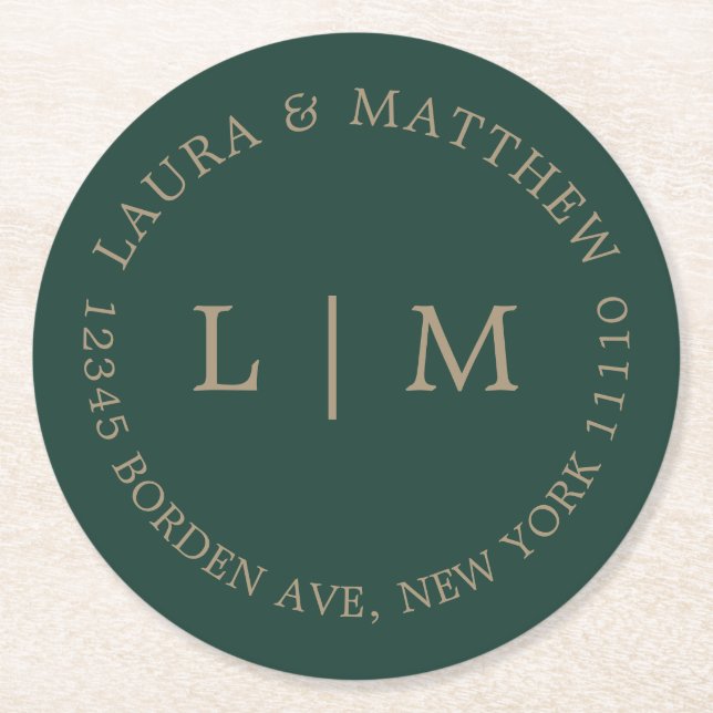 Emerald Grönt Monogram Bröllop Underlägg Papper Rund (Framsidan)