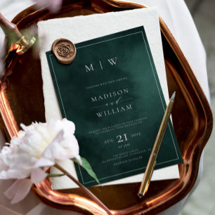 Emerald Grönt Monogram & Gräns Elegant bröllop Inbjudningar