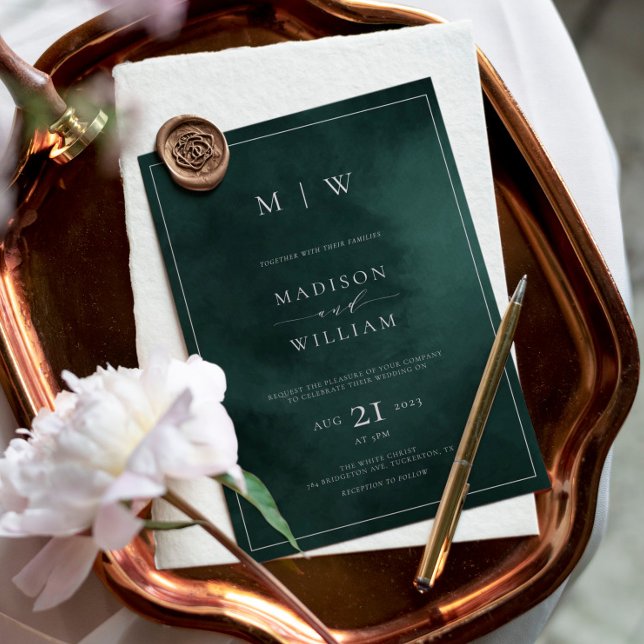 Emerald Grönt Monogram & Gräns Elegant bröllop Inbjudningar (Skapare uppladdad)