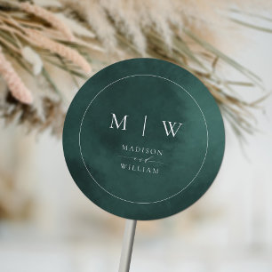 Emerald Grönt Monogram & Gräns Elegant bröllop Runt Klistermärke