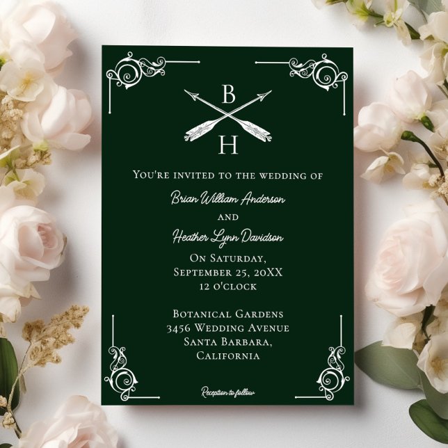 Emerald Grönt Monogram och Arrows Bröllop Inbjudningar (Emerald Green Monogram and Arrows Wedding Invitation)
