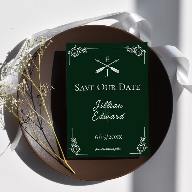 Emerald Grönt Monogram och pilar Spara datum Meddelande (Emerald Green Monogram and Arrows Save the Date)