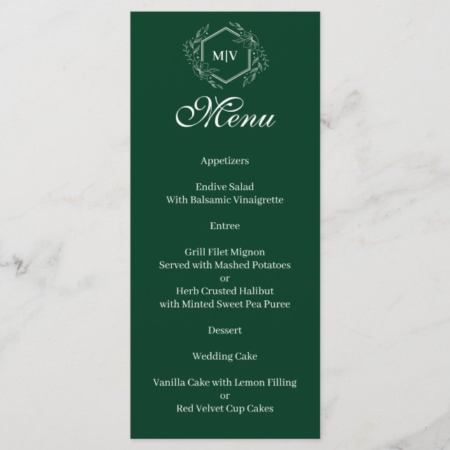 Emerald Grönt Monogram Vapensköld Menu Meny (Framsida)
